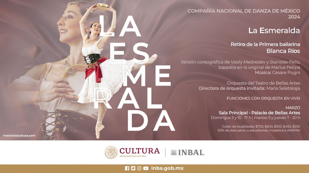 bellasartesinba's tweet photo. Acompaña a la @CNDanzaMX a disfrutar de “La Esmeralda”. 🌹

No dejes pasar la oportunidad de sumergirte en una producción única y admirar su maravilloso vestuario.

🎟Boletos en taquillas y en 👉https://t.co/ScTIkn67ed https://t.co/QjQPt5jTKR