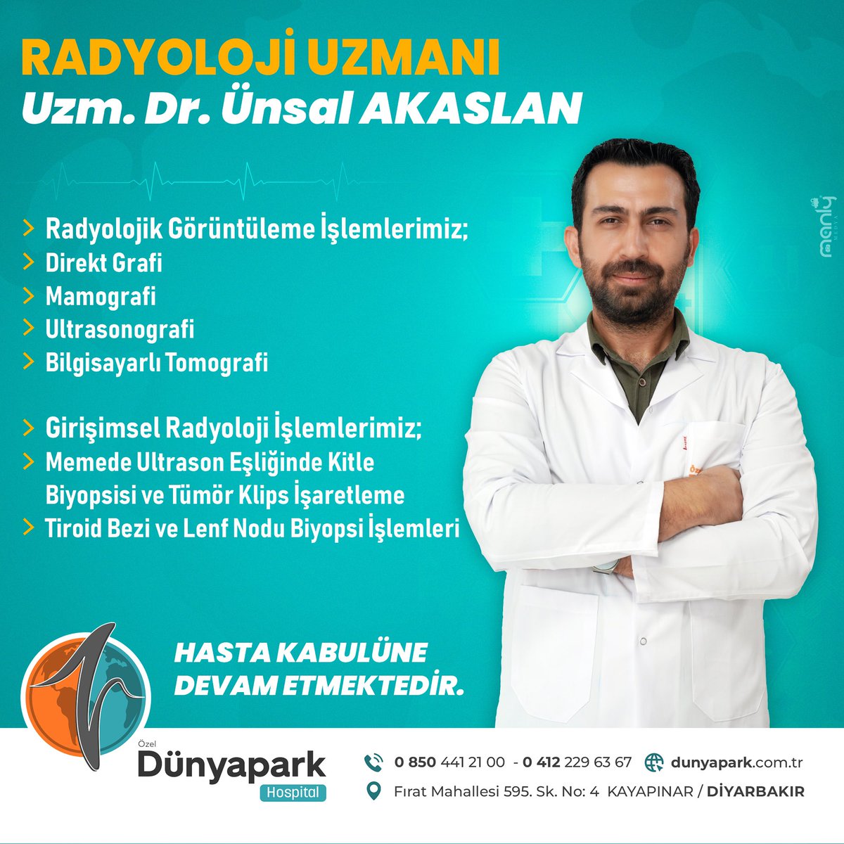 Radyoloji Uzmanı Uzm.Dr. Ünsal AKASLAN Hasta Kabulüne Devam Etmektedir.

☎️ 0412 229 63 67
🏥 Fırat Mh. 595. Sk. No: 4 Kayapınar/Diyarbakır

#özel #dünyapark #hastane #hospital #Kadın #doğum  #acil #sağlık #hastalık #doktor #hizmet #hasta #ameliyat #Diyarbakır