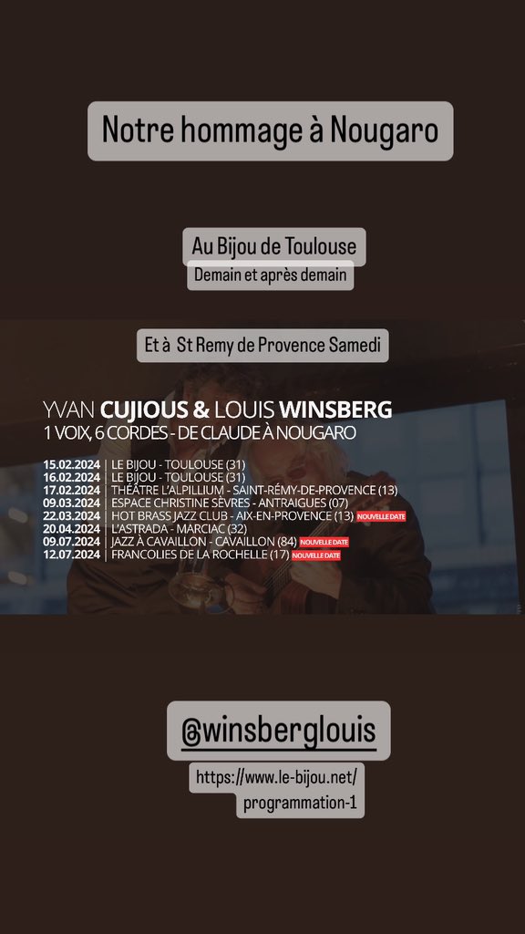 Ami(e)s toulousain(e)s et provençaux Cette semaine chez vous pour notre hommage à #Nougaro 😘avec @louiswinsberg #nougaro20ans #toulouse #guitare #trompette #duo