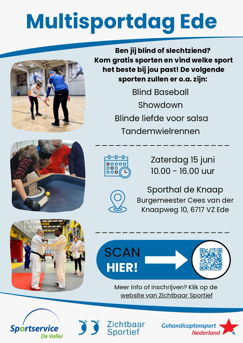 Save the date! Zaterdag 15 juni 2024 vindt weer een Multisportdag voor iedereen met een visuele beperking plaats, dit keer in Ede! Iedereen die blind of slechtziend is kan gratis kennis maken met verschillende sporten. 

Meer info en/of aanmelden? 🤩👇
zichtbaarsportief.nl/multisportdag-…