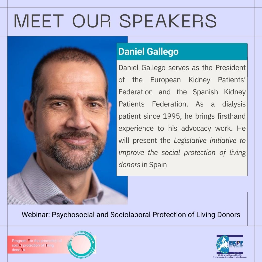 🎙️In the Webinar on February 27, we will have the presence of Daniel Gallego, who in addition to presenting the FAIR Project will talk about the legislative initiative for the social protection of living donors. 👥
#LivingDonors #EKPF