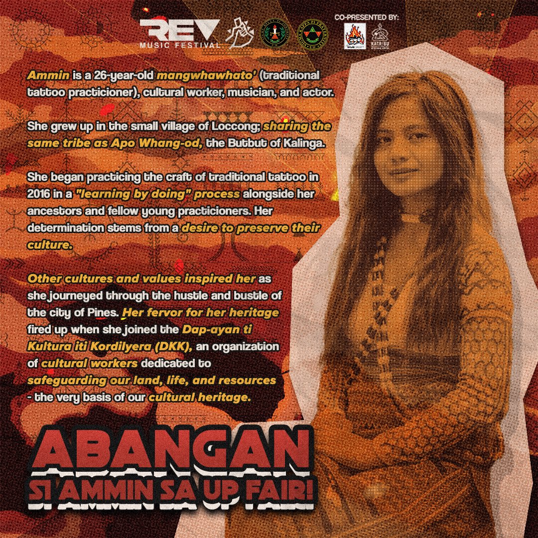 Mahilig ka ba magpa-tattoo? 💥

Ammin is a 26-year old mangwhawhato, cultural worker, musician, and actor.

She grew up sharing the practice with Apo Whang Od in the tribe of Butbut of Kalinga.

Catch her sa buong linggo ng UP Fair 2024 at huwag na palampasin ang chance to be