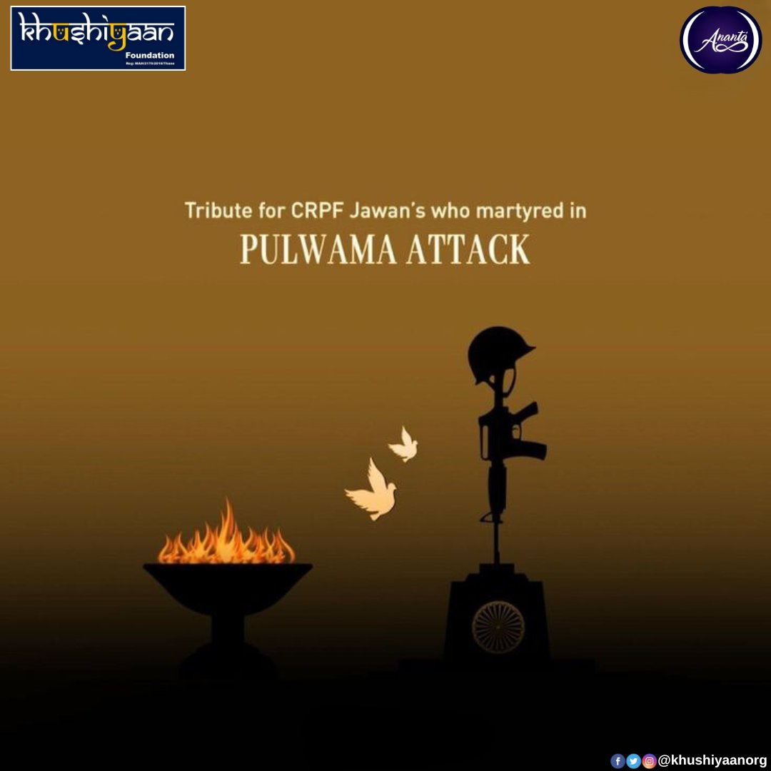 Remembering the brave CRPF Jawans who sacrificed their lives in the Pulwama attack. 🙏 #pulwamaattack #CRPF #tribute #salutetoheroes #neverforget #jaihind #realheros #rememberingpulwama #pulwamaheroes #salutetoCRPFjawans #india #bharat #anantakhushiyaan #khushiyaanfoundation