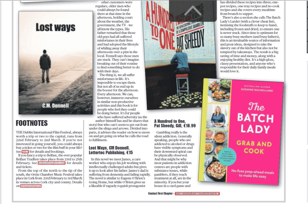 Reviews of Suzanne Mulholland's Grab & Cook, C M Donnell's Lost Ways, Mark Fennell's Break Through & Pat Sheedy's A Hundred to One in this wk's Chronicle & other papers. @Gill_Books @PenguinIEBooks