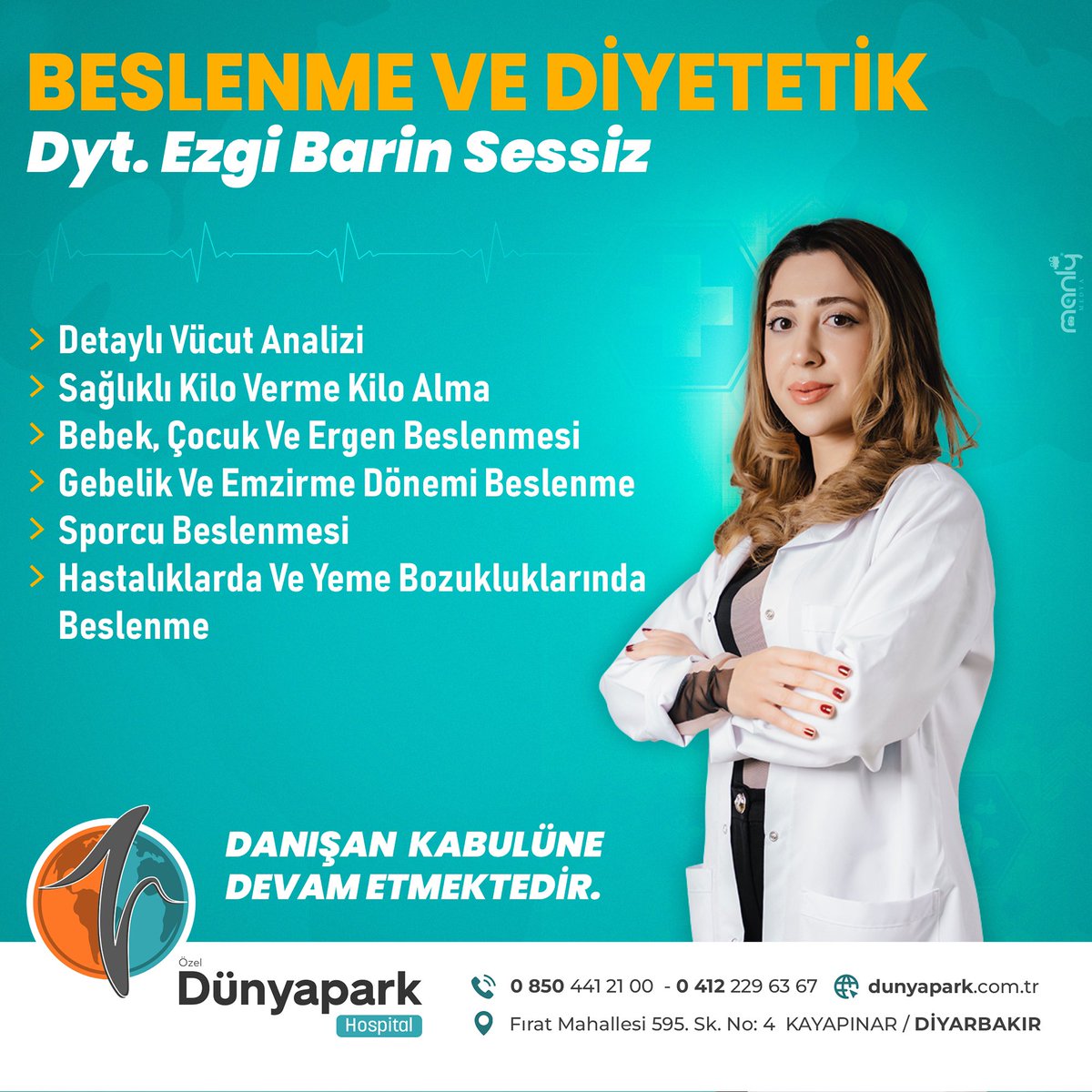Beslenme ve Diyetetik |  Dyt. Ezgi Barin SESSİZ Danışan Kabulüne Devam Etmektedir.

☎️ 0412 229 63 67
🏥 Fırat Mh. 595. Sk. No: 4 Kayapınar/Diyarbakır

#özel #dünyapark #hastane #acil #sağlık #hastalık #doktor #hizmet #hasta #ameliyat #Diyarbakır
