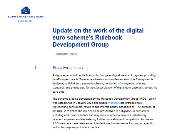Jonas__Gross's tweet photo. The @ecb published an update on its work on the digital euro scheme’s Rulebook Development Group (#RDG). 

What is the role of the RDG? The RDG has the task to define the roles of all actors in the #digitaleuro ecosystem - including end users, vendors and acquirers. It is the ultimate goal of the RDG to ensure a sophisticated experience, while also enabling competition and innovation. What did the update include?

1️⃣The first chapters of the rulebook are now drafted. It covers the functional and operational mode, the technical scheme requirements, and the adherence model of the digital euro scheme.

2️⃣The update clarified the various digital euro services around access management, liquidity managements, and transaction management.

3️⃣The update document also provide concrete flows for digital euro onboarding, transactions, and other processes as well as a high-level architecture.

4️⃣It was also mentioned that digital euro funding will be possible both via online money accounts as well as cash (via ATM and bank branches)

📄 Source: https://t.co/PNvMLJXPzI
