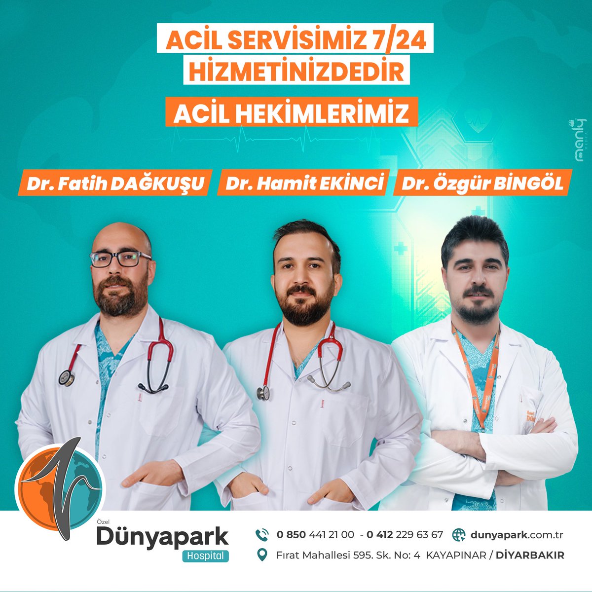 Acil Servisimiz 7/24 Hizmetinizdedir. | Acil Hekimlerimiz; Dr. Fatih DAĞKUŞU, Dr. Hamit EKİNCİ, Dr. Özgür BİNGÖL

☎️ 0412 229 63 67
🏥 Fırat Mh. 595. Sk. No: 4 Kayapınar/Diyarbakır

#özel #dünyapark #hastane #acil #sağlık #hastalık #doktor #hizmet #hasta #ameliyat #Diyarbakır