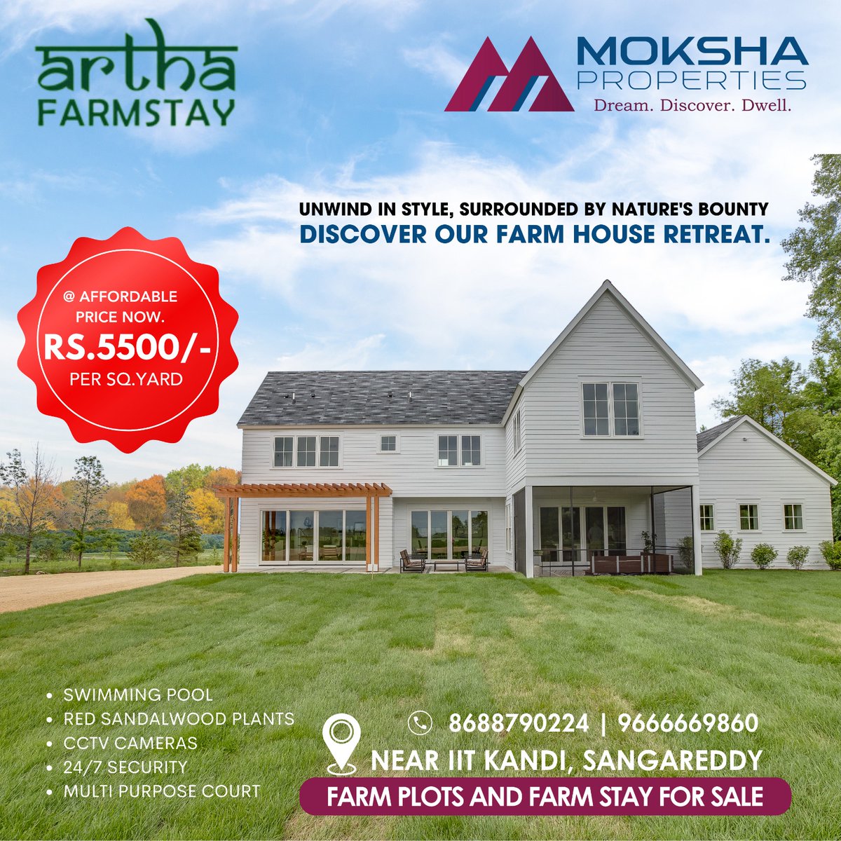 Escape the hustle and bustle of the city and immerse yourself in the tranquility of our farm stay and farmhouse retreat!

#mokshaproperties #FarmhouseForSale #TranquilLiving #AffordableLuxury #residentialplotsforsalenearme #openlandforsalenearme #commercialplotforsalenearme
