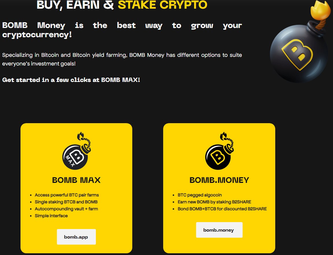 We offer the best APR/APY on BTC and there are a couple of ways to create income: 1) app.bomb.money Join BOMB-BTCB manual farms and earn B2SHARE; 2) bomb.app/home Join BOMB-BTCB -compounding vault and enjoy growth; 3) Single Side stake your BTC or BOMB.