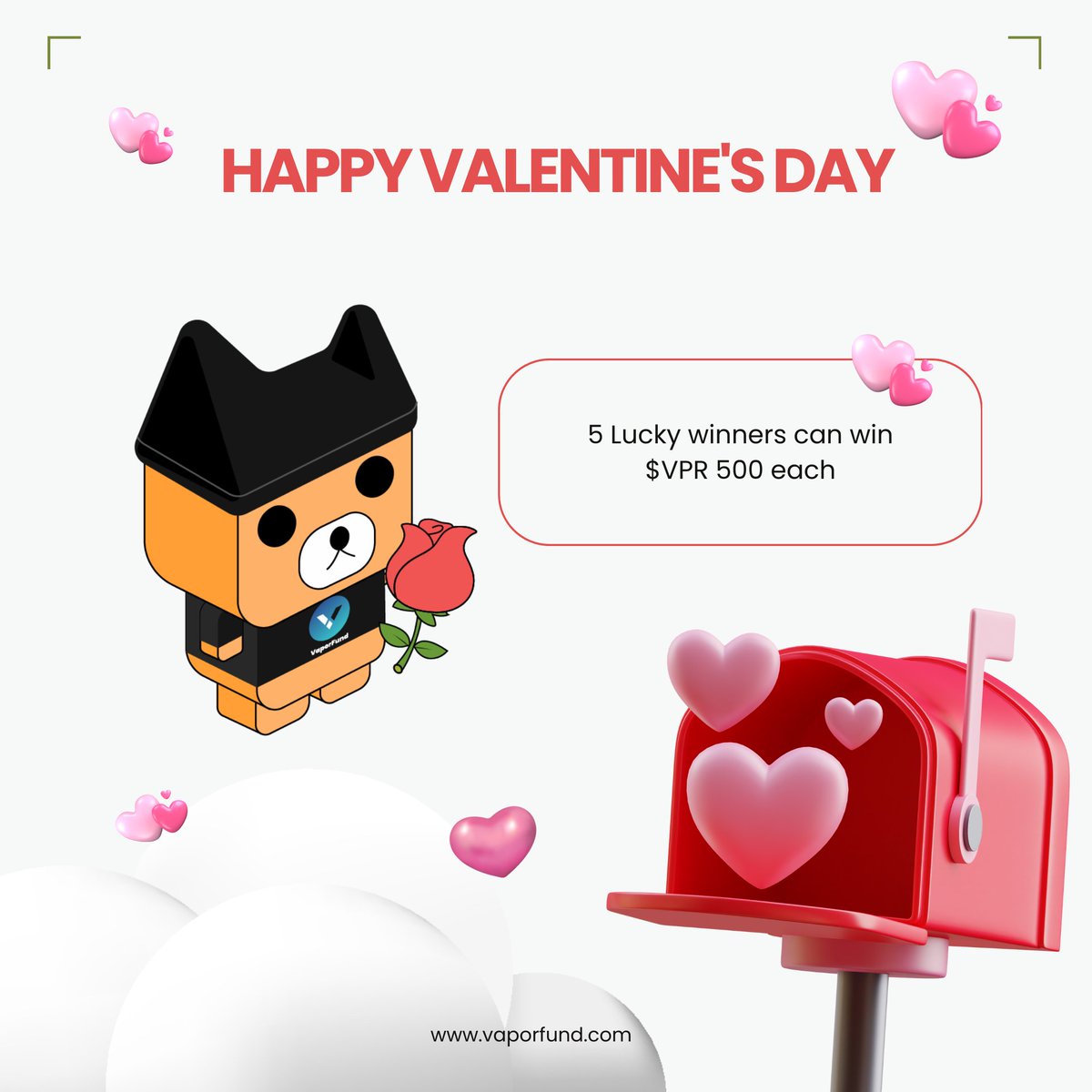 vaporfund's tweet photo. Spread the love with VaporFund!❤️
Join giveaway and 5 lucky winners could win $VPR 500 each!

❤️Comment on what you love about VaporFund
❤️RT, Like and Tag 3 friends
#VPR #VaporFund #HappyValentinesDay https://t.co/Ic9FAknCp5