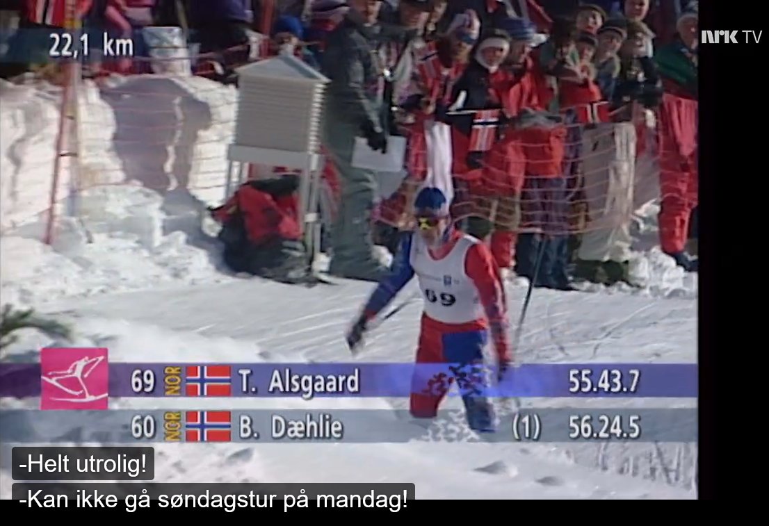 Dag 2 under <a href="/Lillehammer1994/">Lillehammer OL94</a> - 30 år siden i dag: <a href="/ThomasAlsgaard/">Thomas Alsgaard</a> vinner 3-mila foran Dæhlie. Junior var blitt voksen. "Det går da ikke an å gå søndagstur på en mandag" roper Jon Herwig Carlsen mens Alsgaard er på vei til 22,1km-passering