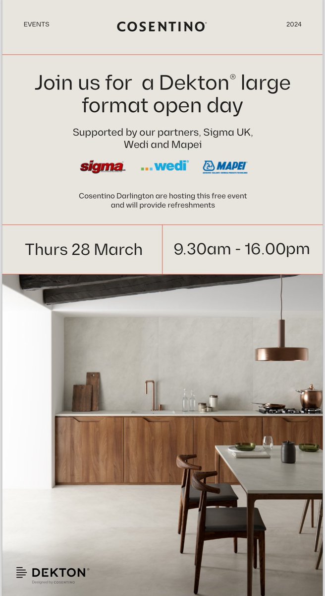 Large format training @CosentinoUK @Dekton with @MapeiUKLtd and @wediUK , free to attend, registration following the link below: cosentino.com/en-gb/eventdet…