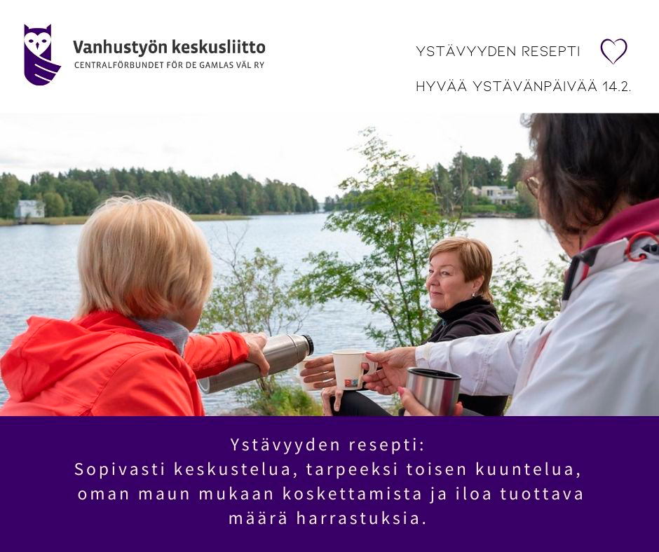 Oikein hyvää ystävänpäivää kaikille!

Ystävyyden resepti:
Sopivasti keskustelua, tarpeeksi toisen kuuntelua, oman maun mukaan koskettamista ja iloa tuottava määrä harrastuksia.

#YstävyydenResepti #Ystävänpäivä #Ystäväpiiri 

vanheneminen.fi/eivat-vuodet-i…