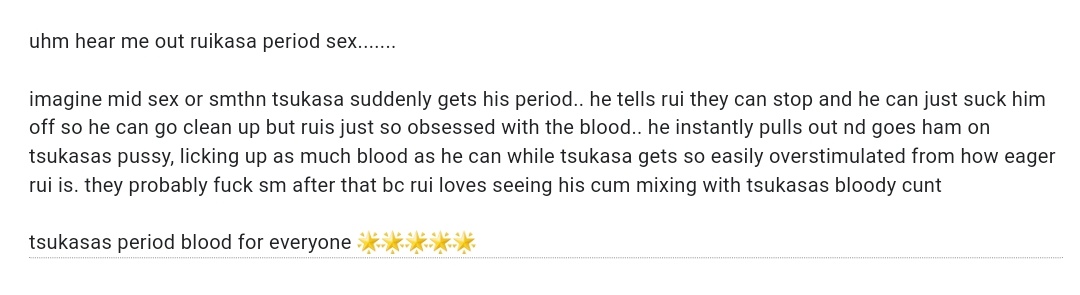 bottomtsukaFESS's tweet image. uhm hear me out ruikasa period sex.......