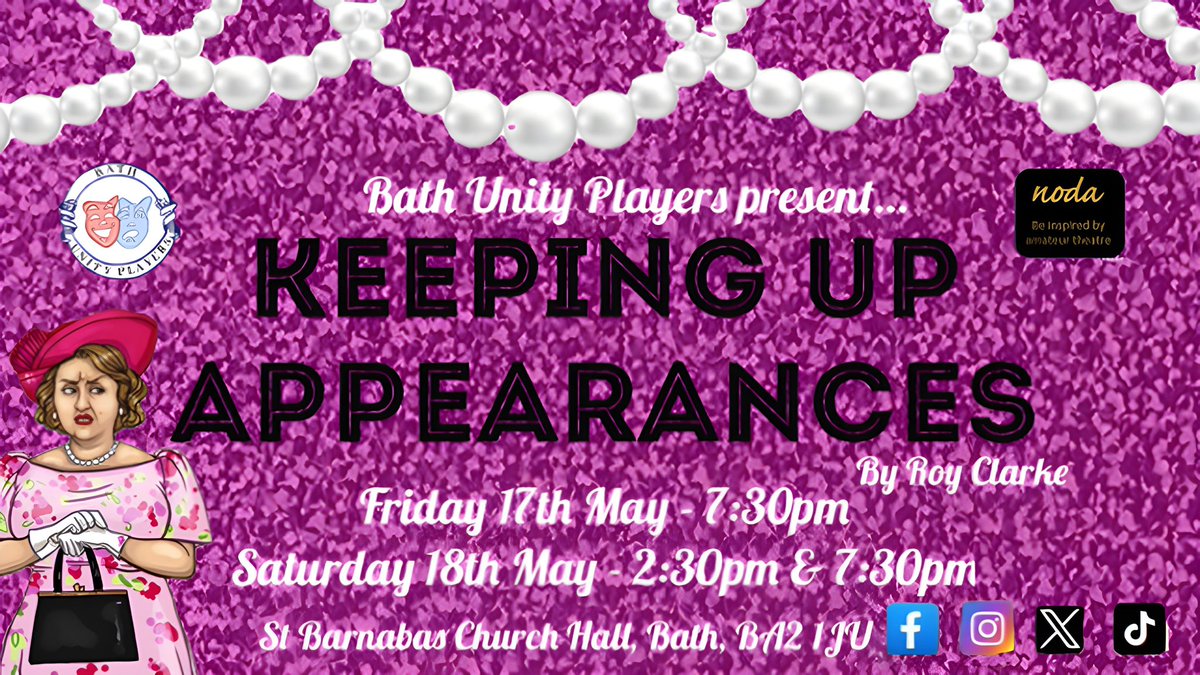 BathUnityPlayer's tweet image. 🎭BATH UNITY PLAYERS PRESENT….🎭

Our next production, our spring play - ‘Keeping Up Appearances’ 😍

Tickets will be available for this show really soon so keep your eyes peeled for ticket info coming your way! 👜👒