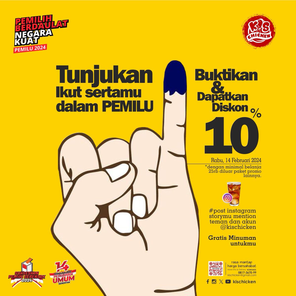 kischicken's tweet photo. Yang udah nyoblosss sini kita bisikin 🤭

Ada diskon 10% khusus hari ini, biar kita rayakan disini 🥳🎉🥰

#Kischicken #pilpres2024 #pemiluserentak2024 #pemiludamai2024  #makanmakan #makanan #makansiang #friedchicken #sambal #valentineday https://t.co/Sqx2qDKaOW