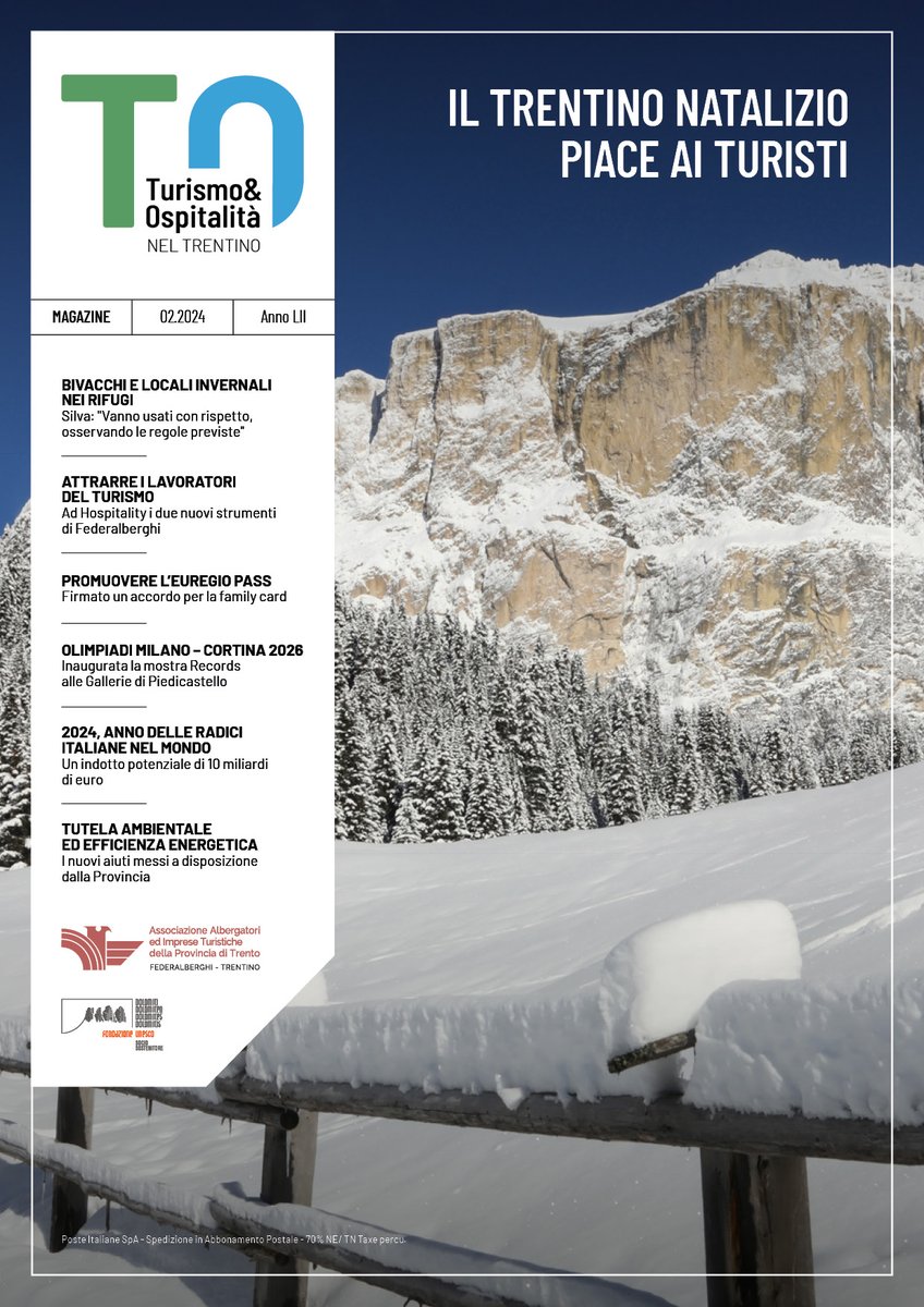 È online il numero di febbraio 2024 di Turismo e Ospitalità nel Trentino.
Temi del Mese: "Vacanze invernali 2023-2024: presenze e arrivi si confermano stabili" e "Buone le previsioni «invernali» fino a Pasqua" 
👉 calameo.com/read/005112092…