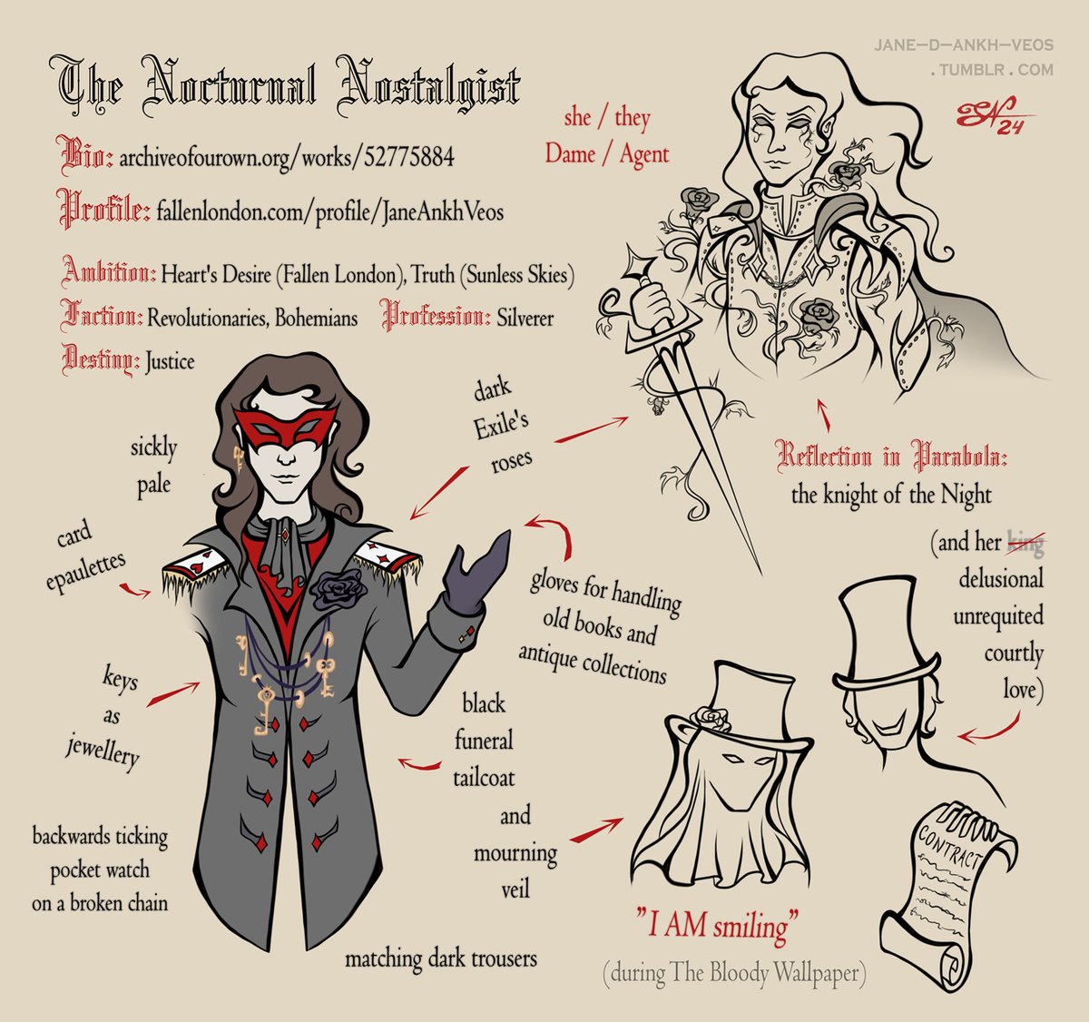JanePlaysFL's tweet photo. #FallenLondon #MaskOfTheRose #SunlessSkies

...And so I realized that my player character needs a visual reference sheet, not just walls of text. https://t.co/u8zLNmqE7d