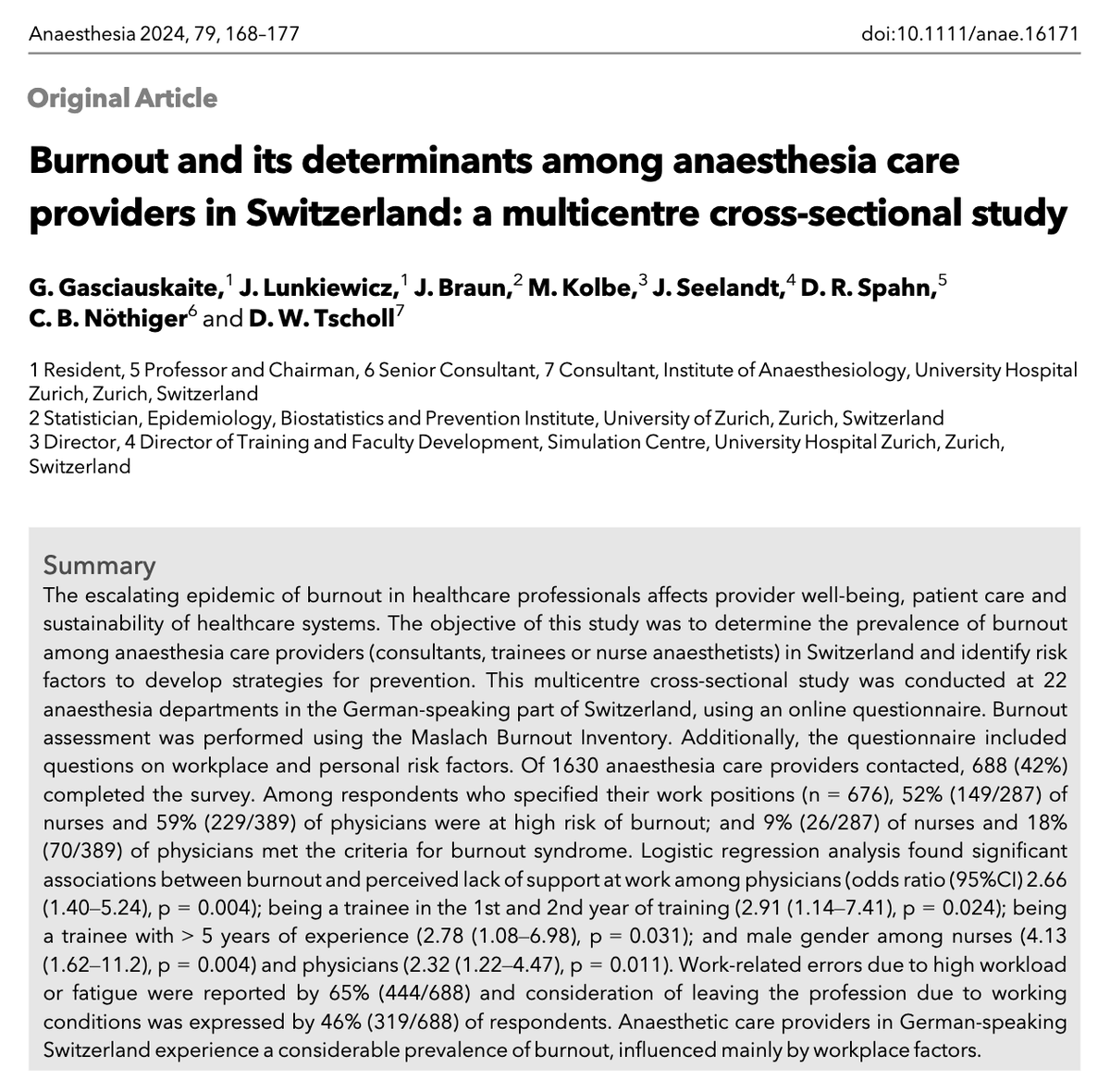 🔓Burnout and its determinants among anaesthesia care providers in Switzerland: a multicentre cross-sectional study. This great new paper is now #FreeForAWeek to read and download! 🔗…-publications.onlinelibrary.wiley.com/doi/10.1111/an…
