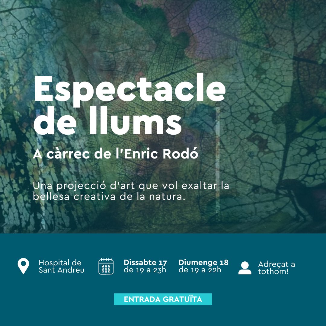 ESPECTACLE | Et convidem a la projecció d'art a la façana de l'Hospital Sant Andreu que vol exaltar la bellesa creativa de la natura. 🎨

📍 Hospital de Sant Andreu
🗓️ Dissabte 17 de febrer de 29 a 23h i Diumenge 18 de febrer de 19 a 22h
👤 Per a tothom i gratis!

T'esperem! 💙