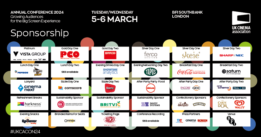 Cinema_UK's tweet photo. Delighted to publicly thank all of the wonderful industry partner companies shown here for their generous sponsorship of #UKCACON24, taking place 5-6 March at @BFI Southbank, London.

Only a very few places left so please BOOK NOW: https://t.co/qPrKfA1JNK https://t.co/bROVWSQWK0