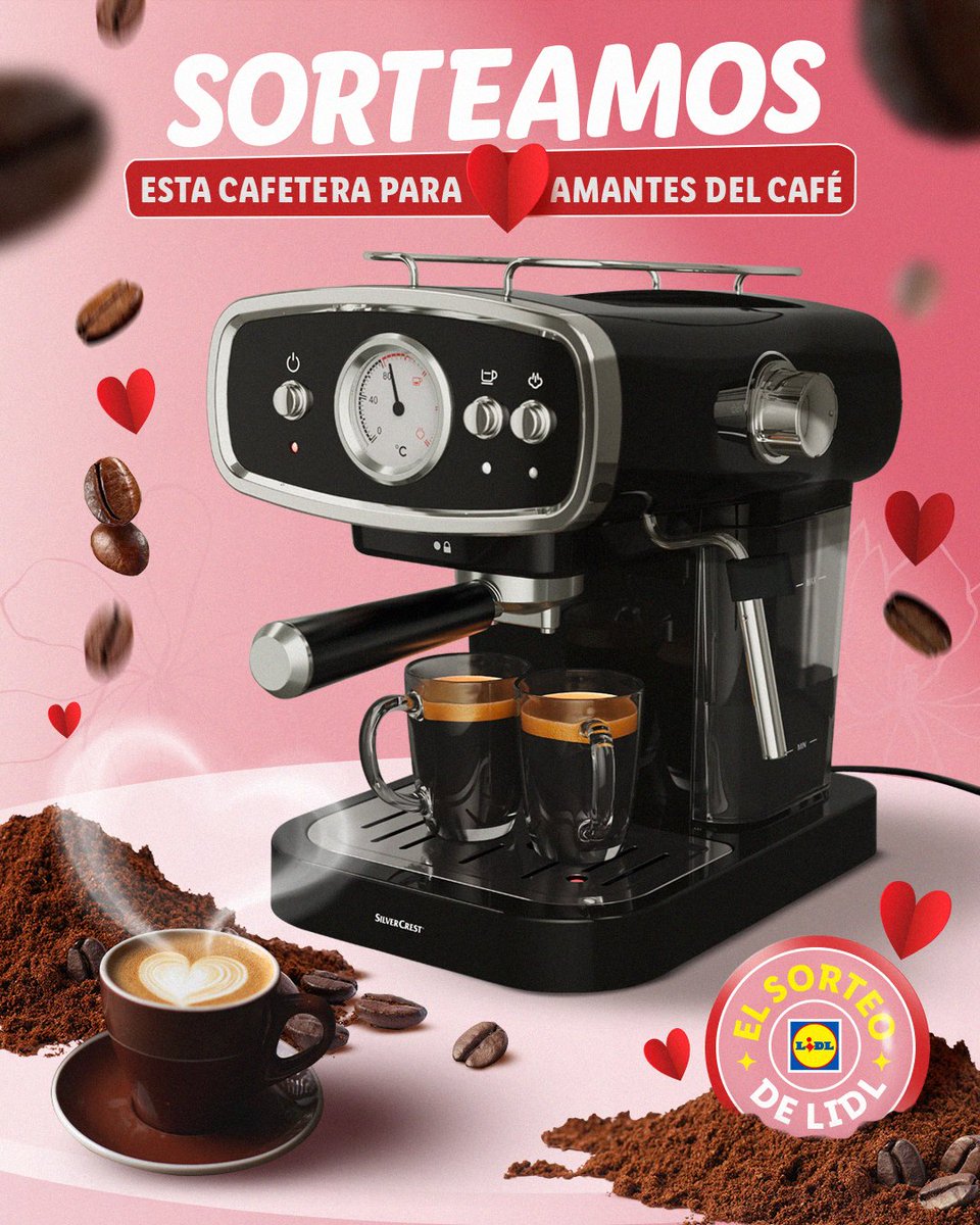 ☕️ SORTEAMOS ESTA CAFETERA PARA AMANTES DEL CAFÉ ☕️ Para participar solo tienes que: ❤️ Dar like a esta publicación. ✅ Seguir a @Lidlespana. 🔁 Hacer RT de esta publicación. 💬 Usar el hashtag #SanValentínConLidl y mencionar a la persona con la que compartirías el primer café