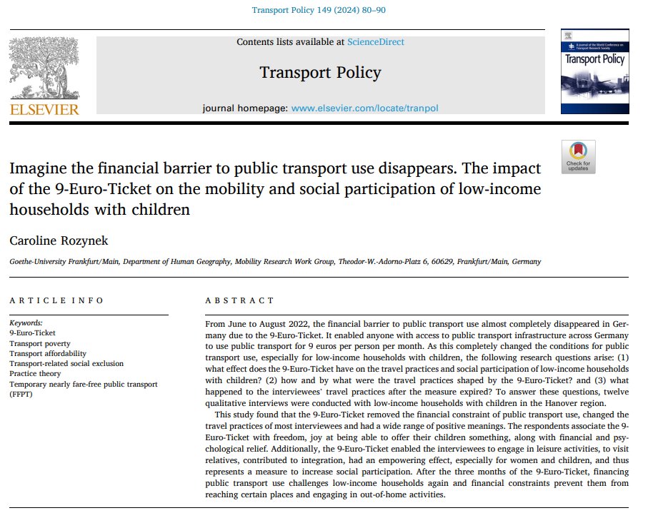 Interesting-looking new article on the impact of the German 9-Euro public transport ticket on the mobility and social participation of low-income families 
doi.org/10.1016/j.tran…