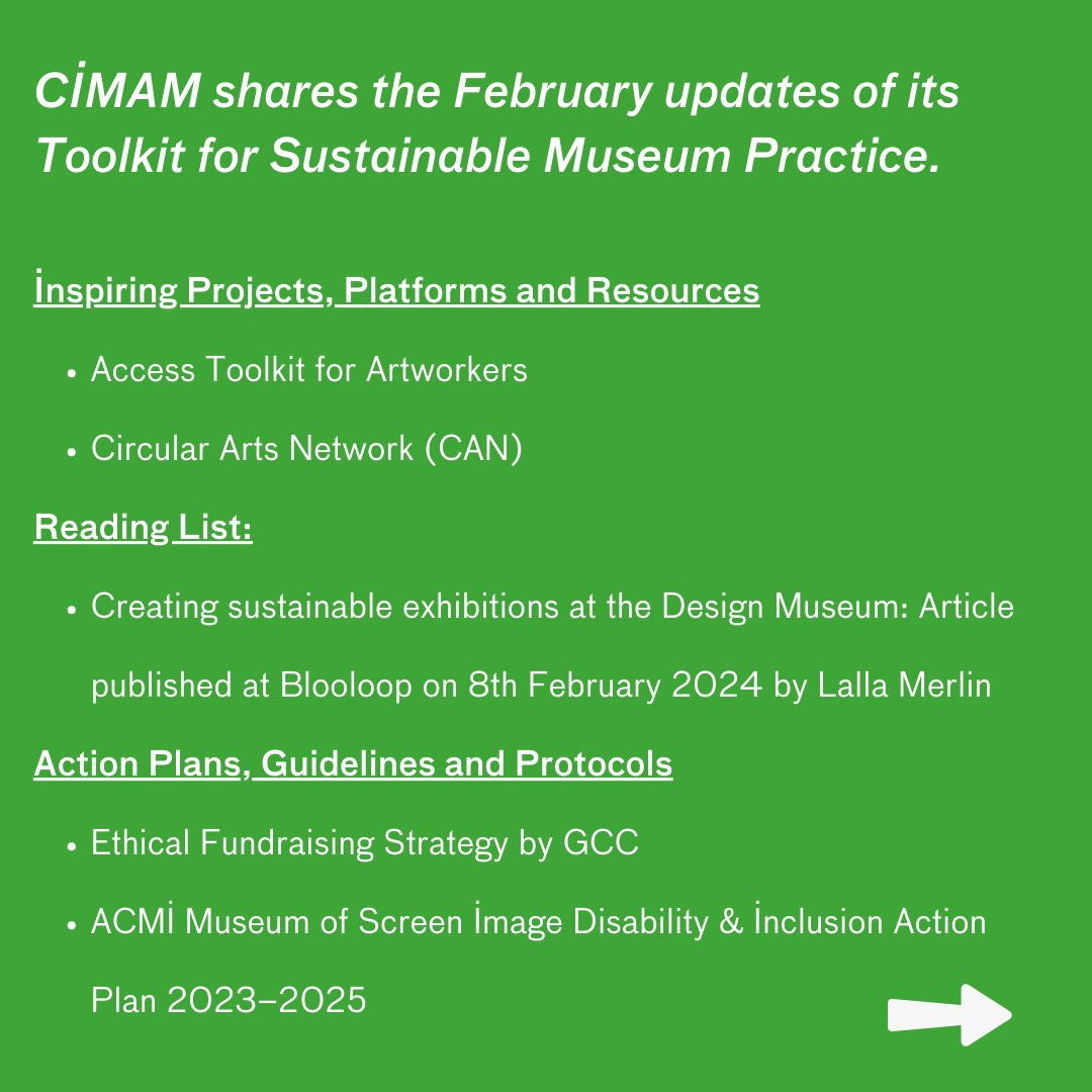 infoCimam's tweet image. #SustainabilityToolkit
👉 Access Toolkit for Artworkers
👉 @CircularArtsNet
👉 @Blooloop  @MerlinLalla 
👉 #GalleryClimateCoalition 
👉 @ACMI  
cimam.org/news-archive/j…