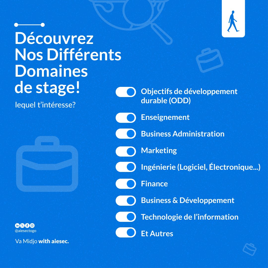 aiesecintogo's tweet photo. EXPLORER NOS DIFFÉRENTS DOMAINES DE STAGE
Découvrez des opportunités de stage passionnantes pour votre développement professionnel et personnel.
Veuillez vous inscrire sur https://t.co/mb1e4NWiqE
#vamidjo #stages #internship #travail #Ogxcampaign
#AIESECTogo https://t.co/rJFFm34JSf
