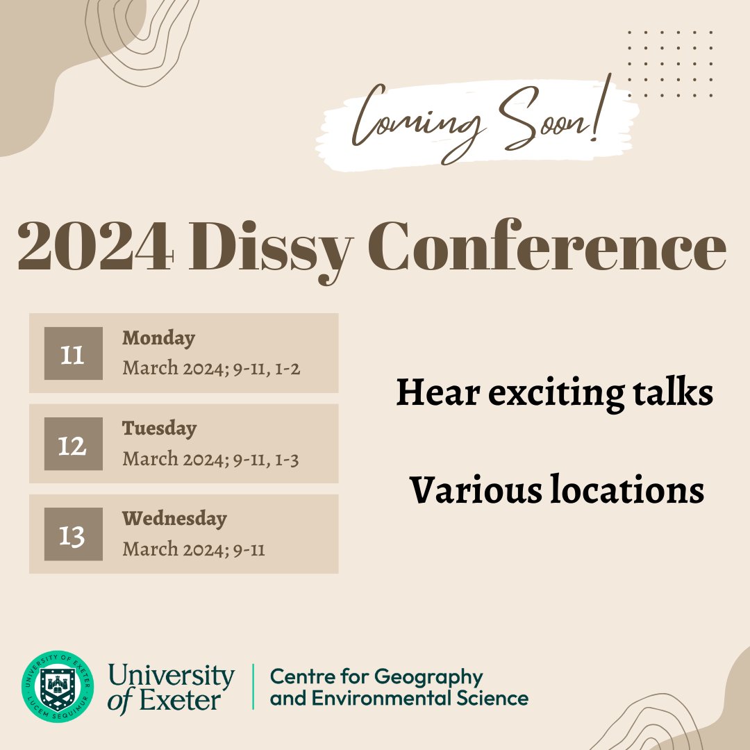 The 2024 CGES Dissy Conference is approaching! Final year students will be presenting their dissertation research on topics ranging from dolphins, rugby, hitchhiking, sinkholes, plastics & the urban landscape. All encouraged to attend! *Schedule coming soon