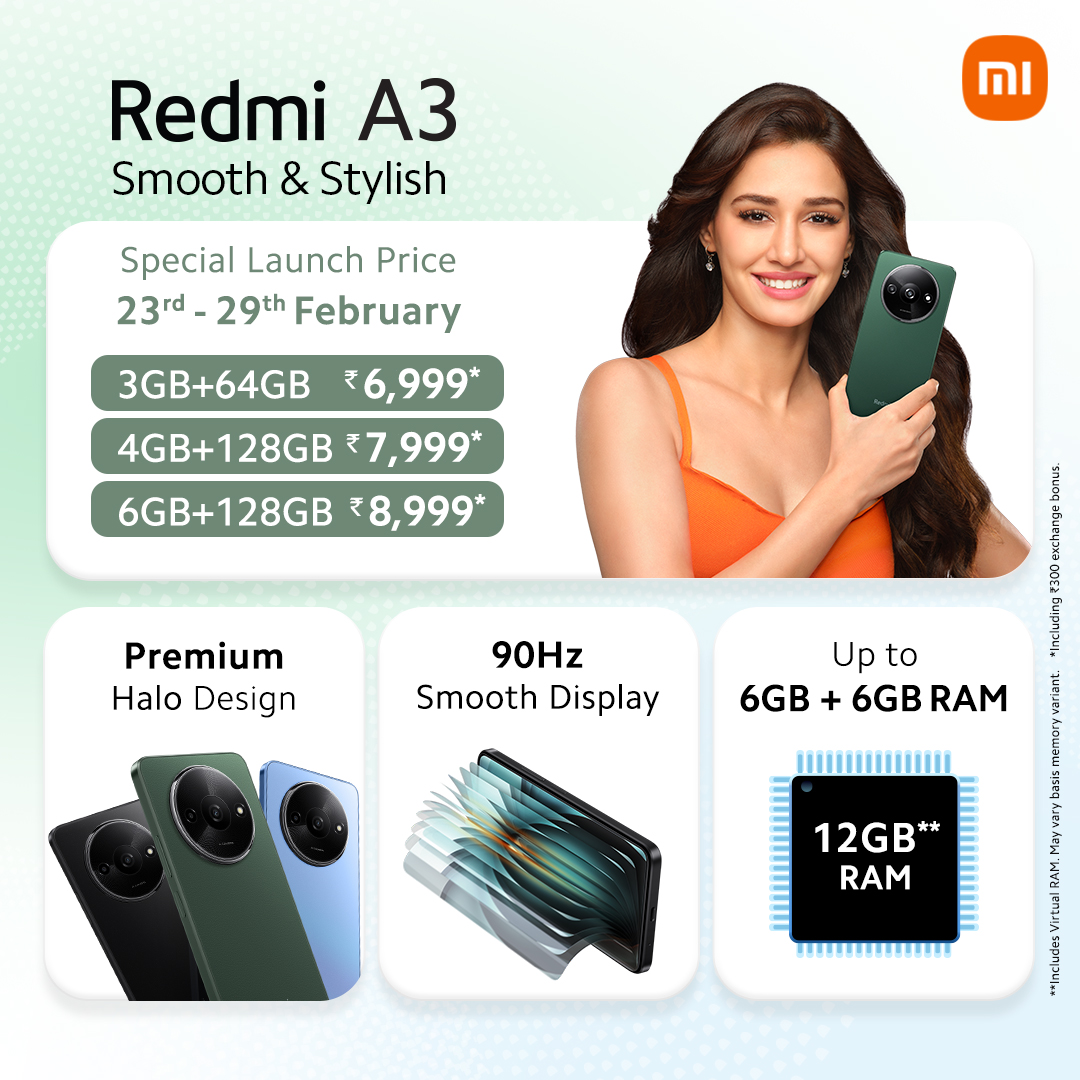 SnehaTainwala's tweet image. So thrilled to introduce our latest #RedmiA3 that has such a sleek and stylish design. I absolutely love Olive Green and I'm sure you will too. Packed with great features:   - Premium Halo Design  - Smooth 90Hz Display  - Up to 6GB + 6GB* RAM  Get your hands on this beauty on