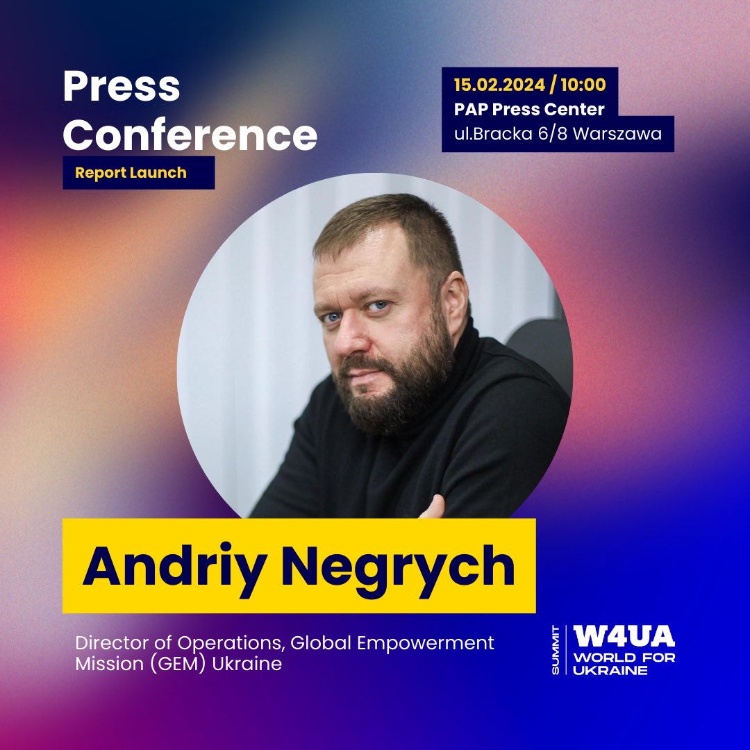 🎙️It is our pleasure to announce that Andriy Negrych - Director of Operations, @GEMmissions Ukraine, will be joining the #W4UA Foundation’s Report Premiere as a speaker. Andriy will shed light on the challenges and aid efforts GEM Ukraine does amid the ongoing conflict.