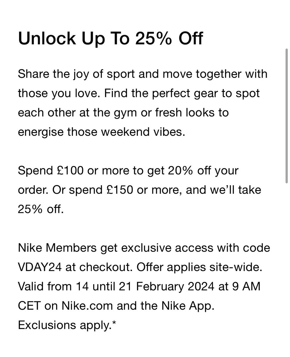 🤩 £46 DFAs* at Nike 😯 

Spend over £100 and get 20% off or spend £150 & get 25% off at Nike UK using code VDAY24