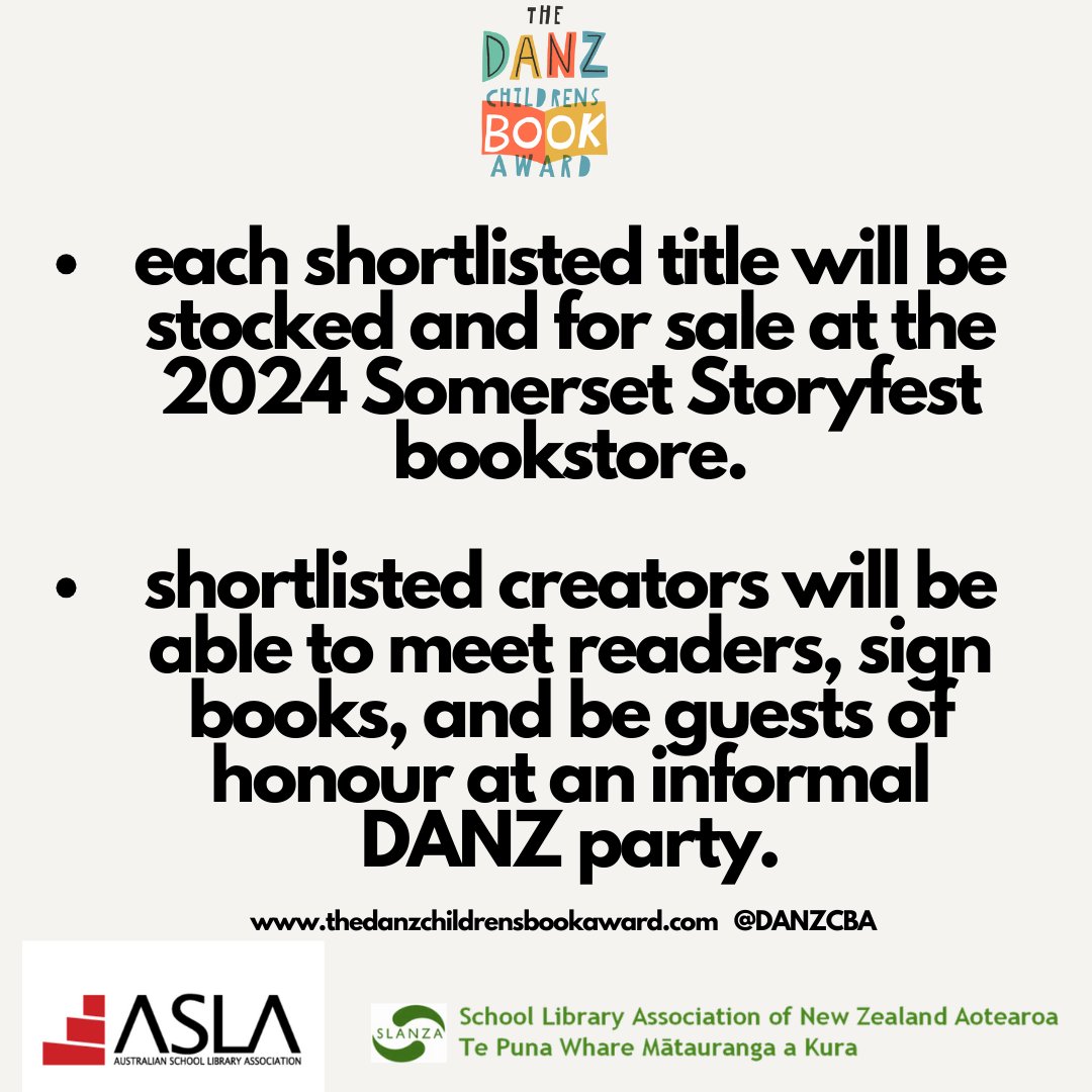 *each shortlisted title will be stocked and for sale at the 2024 Somerset Storyfest bookstore.

*shortlisted creators will be able to meet readers, sign books, and be guests of honour at an informal DANZ party. 
#DANZCBA
