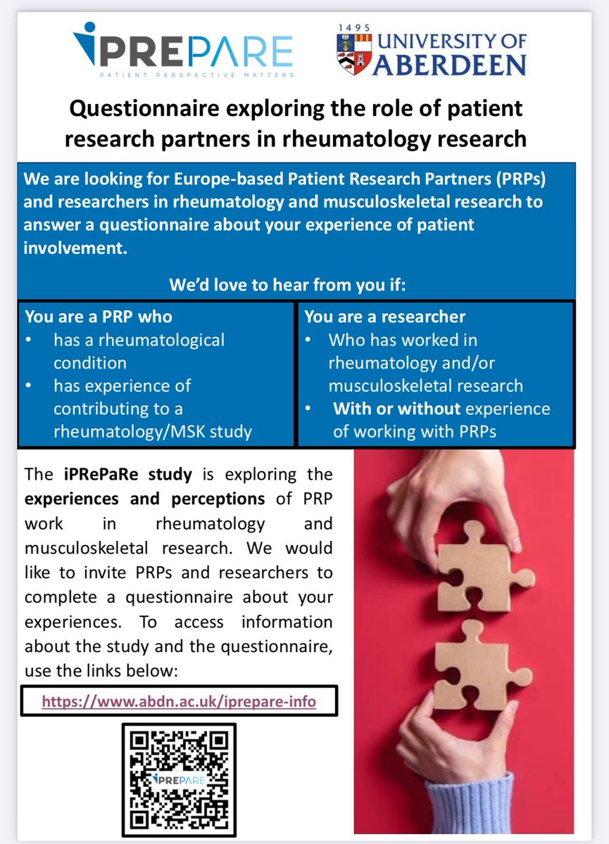 📣Repost appreciated: The iPRePaRe study from @aberdeenuni is exploring the role of patient research partners in #rheumatology research from the perspective of both PRPs and researchers. Make your voice heard! 🔗tinyurl.com/yabujbyj