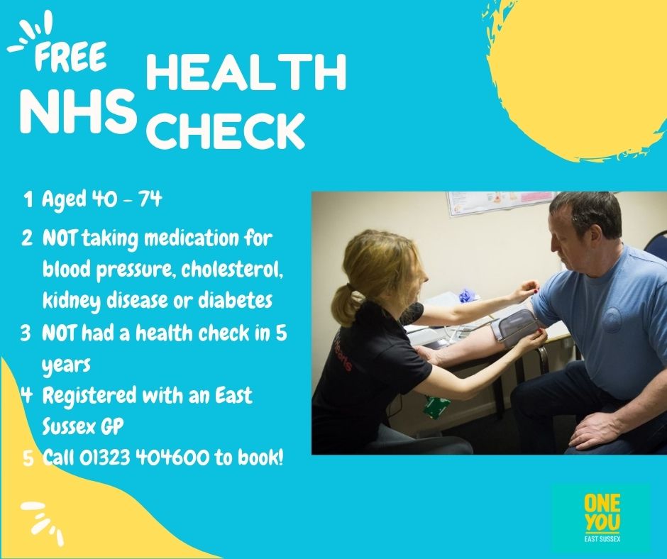FREE NHS Health Check!

Have you had your Car MOT? Time to get your heart MOT too😉 40 minutes you will leave with a BMI score, blood pressure, cholesterol and your heart age. Check if you're eligible, book TODAY! Call 01323 404600

 #NHSHealthCheck #HeartHealth #HealthMOT