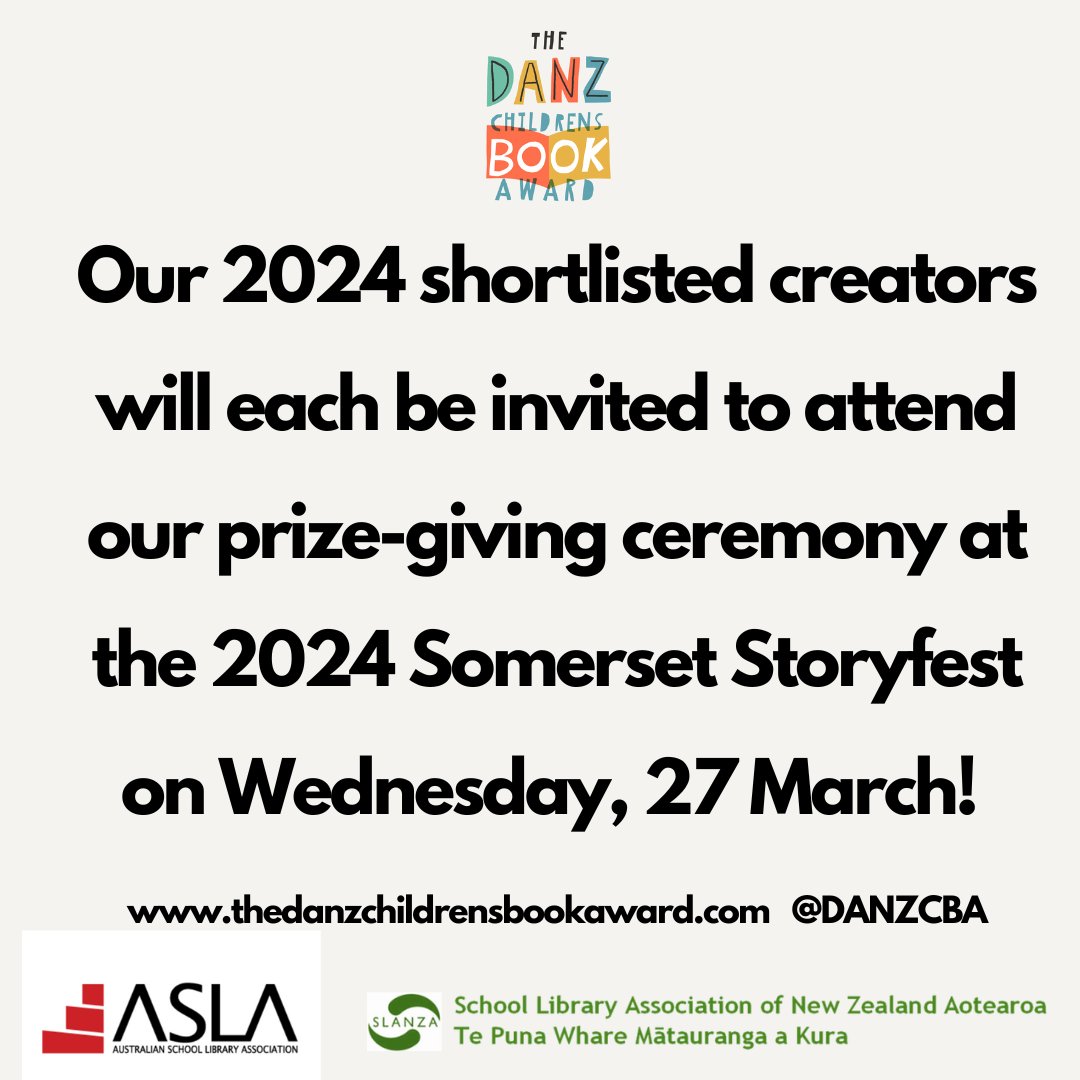 Our 2024 shortlisted creators will each be invited to attend our prize-giving ceremony at the 2024 Somerset Storyfest on Wednesday, 27 March! #DANZCBA