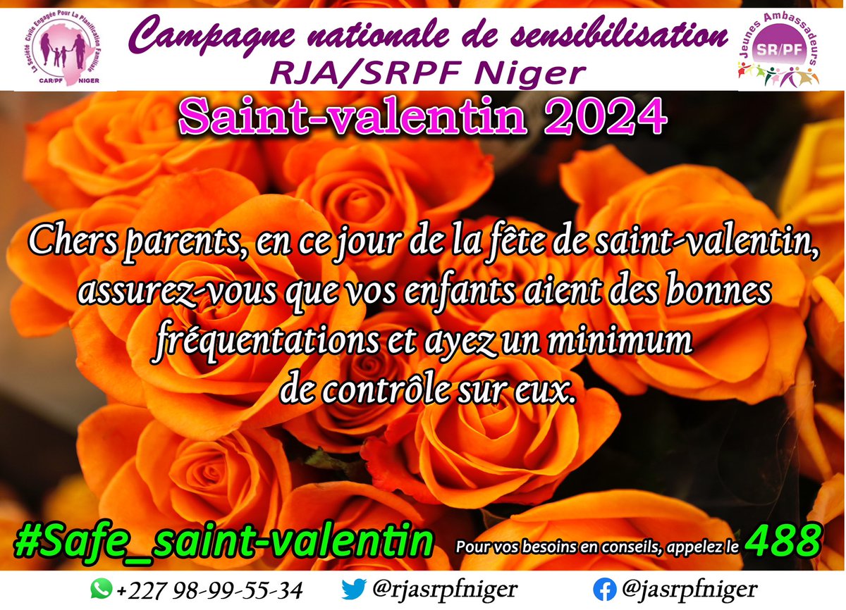 Réseau JASRPF Niger (@rjasrpfniger) on Twitter photo Chers parents, en ce jour de la fête de saint-valentin, assurez vous que vos enfants aient des bonnes fréquentations et ayez un minimum de contrôle sur eux.
#Safe_st_valentin
Pour tout besoins en consells, appelez le 488
<a href="/POuagaPF/">Partenariat de Ouaga</a> <a href="/CoalitionAu/">Coalition pour la Planification Familiale au Niger</a> <a href="/WHOAFRO/">WHO African Region</a> <a href="/MSIchoices/">MSI Reproductive Choices</a> <a href="/PathfinderInt/">Pathfinder</a> Chers parents, en ce jour de la fête de saint-valentin, assurez vous que vos enfants aient des bonnes fréquentations et ayez un minimum de contrôle sur eux.
#Safe_st_valentin
Pour tout besoins en consells, appelez le 488
<a href="/POuagaPF/">Partenariat de Ouaga</a> <a href="/CoalitionAu/">Coalition pour la Planification Familiale au Niger</a> <a href="/WHOAFRO/">WHO African Region</a> <a href="/MSIchoices/">MSI Reproductive Choices</a> <a href="/PathfinderInt/">Pathfinder</a>