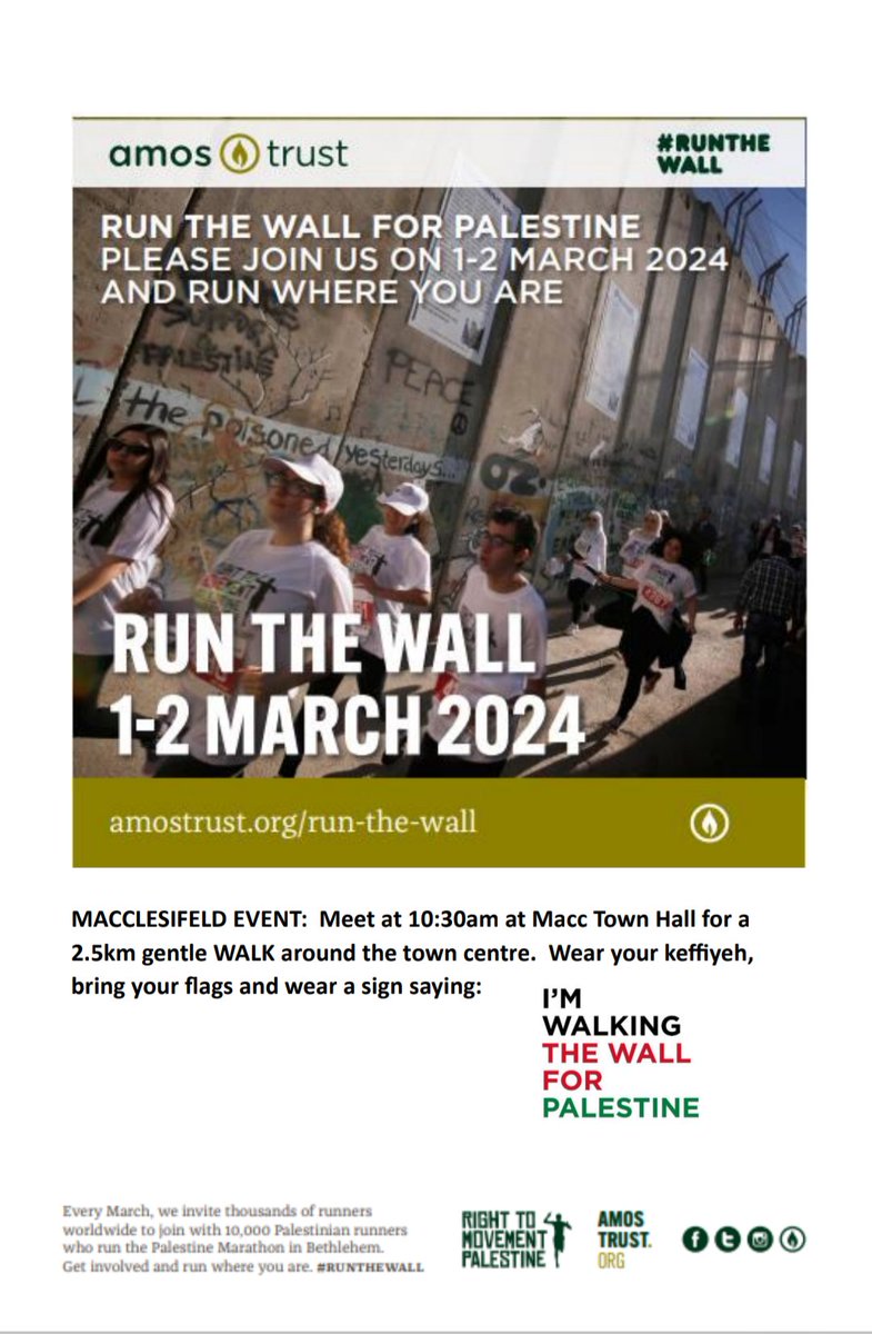 Come and join #runthewall with a gentle walk around #macclesfield town centre. <a href="/bigride4pal/">The Big Ride for Palestine</a> <a href="/AmosTrust/">Amos Trust</a> <a href="/GMF_Palestine/">GM Friends of Palestine</a>