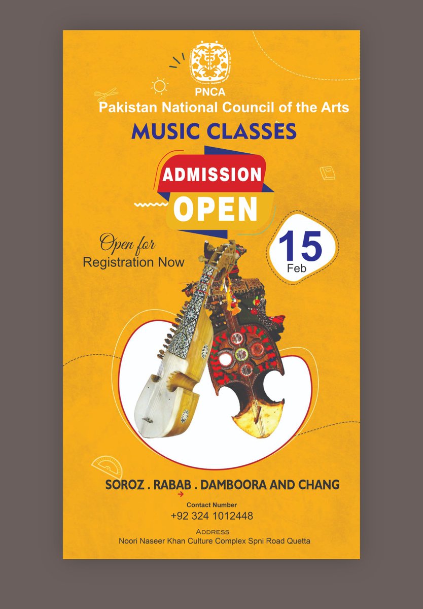 If you're in Quetta and want to learn Balochi Music then it's the opportunity for you. Registrar yourself now. contact with the given number03241012448
Soroz, Rabab,Damboora , and Chang