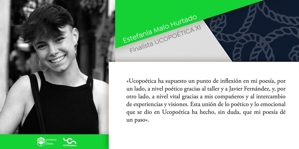 Estefania Malo, otra de las finalistas de la XI Edición Ucopoética, anima a los universitarios a participar en esta expreriencia poética.
Abierta la nueva convocatoria hasta el 25 de febrero.
Más información: ucopoetica.com
<a href="/Univcordoba/">Universidad Córdoba</a>, <a href="/UCOCultura/">UCOCultura</a>, <a href="/ucopoetica/">Ucopoética</a>