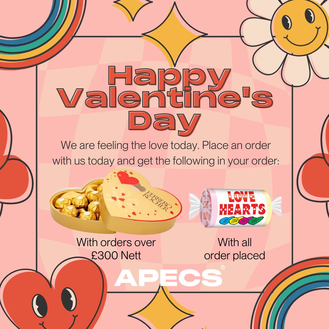 Love is in the air! 💕✨ As we celebrate this special day, let's take a moment to appreciate the incredible people in our lives. We are including some freebies in todays orders. Get love hearts in every order and Ferrero Rocher included in those over £300 Nett. #apecs