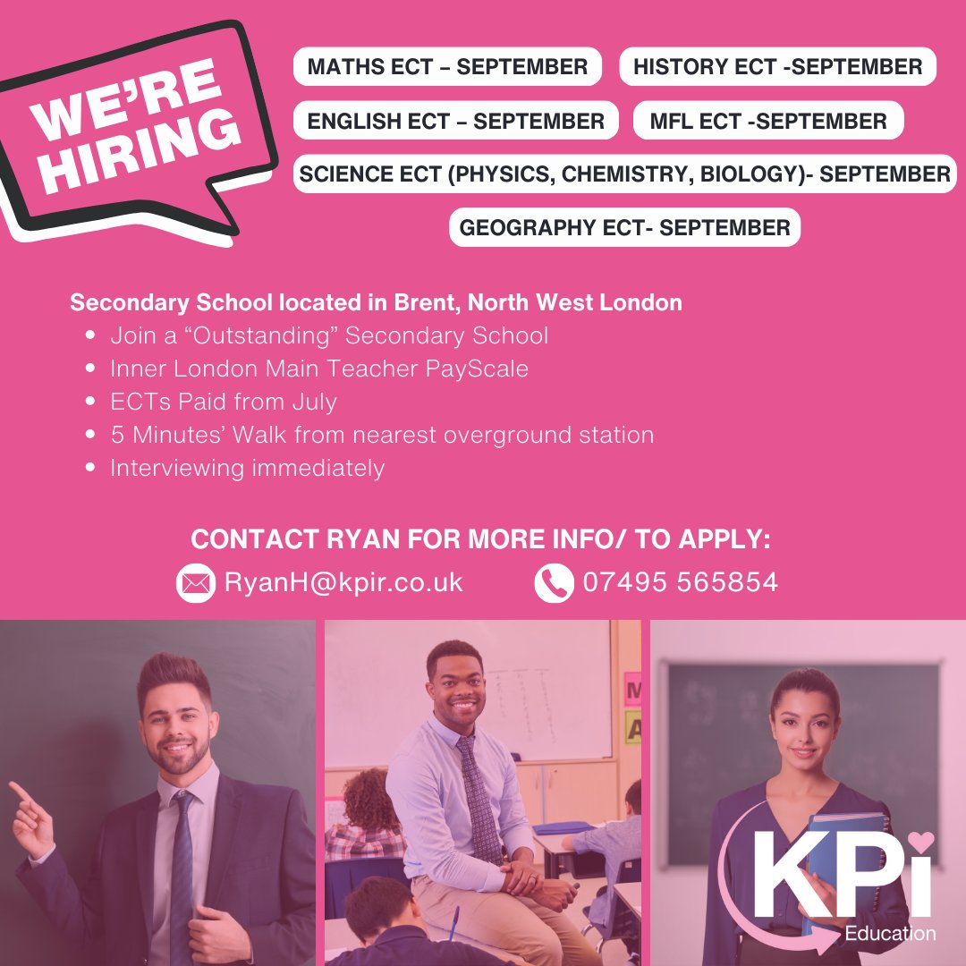 👩🏻‍🏫Teaching Roles in #Brent, #NorthWestLondon

Call 07495 565854 or email RyanH@kpir.co.uk to apply.

Visit bit.ly/KPIEduJob to find these jobs & MORE!

#LondonJobs #TeachingJobs #EducationJobs #Teachers #SecondarySchoolTeaching #JobSearch #KPIRecruiting