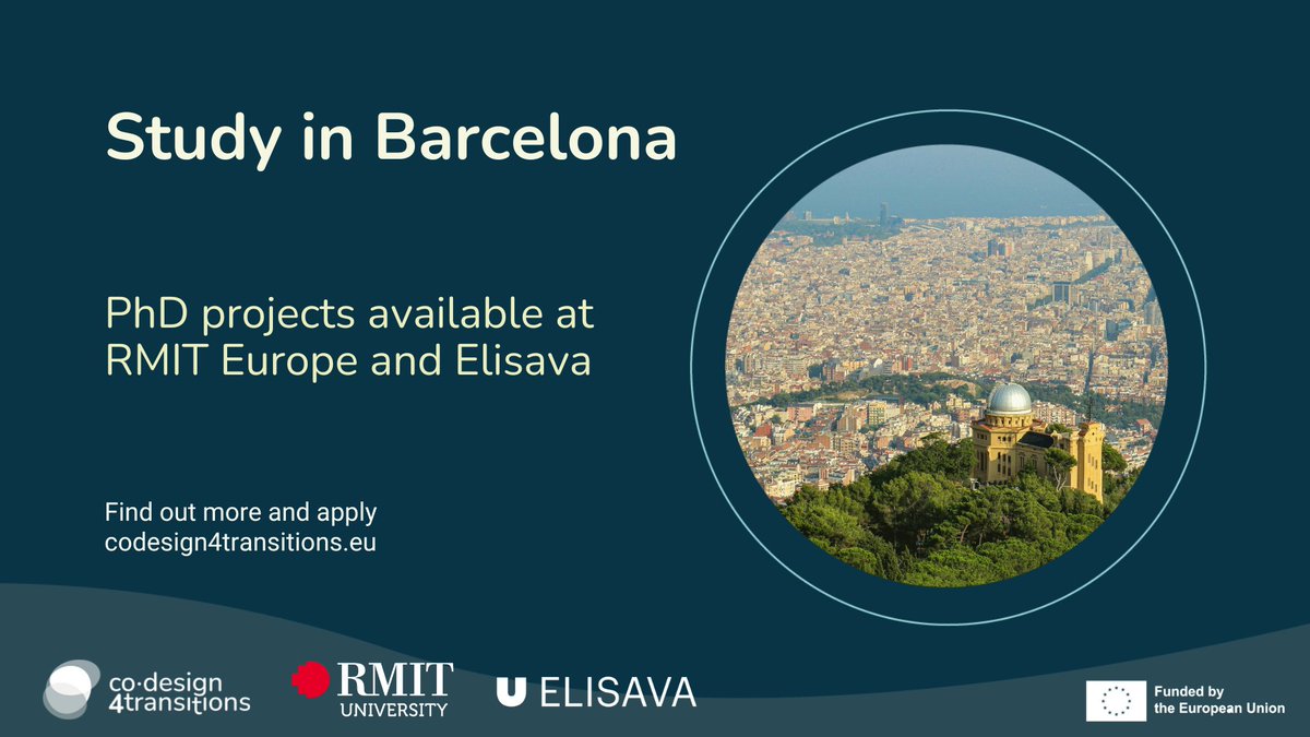 Study in #Barcelona! We have two #PhDJobs available at @RMITEurope & @ElisavaBCN. 
👉 codesign4transitions.eu/position/DC3/
👉 codesign4transitions.eu/position/DC4/
#CoDesign4Transitions @MSCActions #HorizonEurope #MSCA #DoctoralNetworks #barcelonajobs @uvic_ucc @RMIT