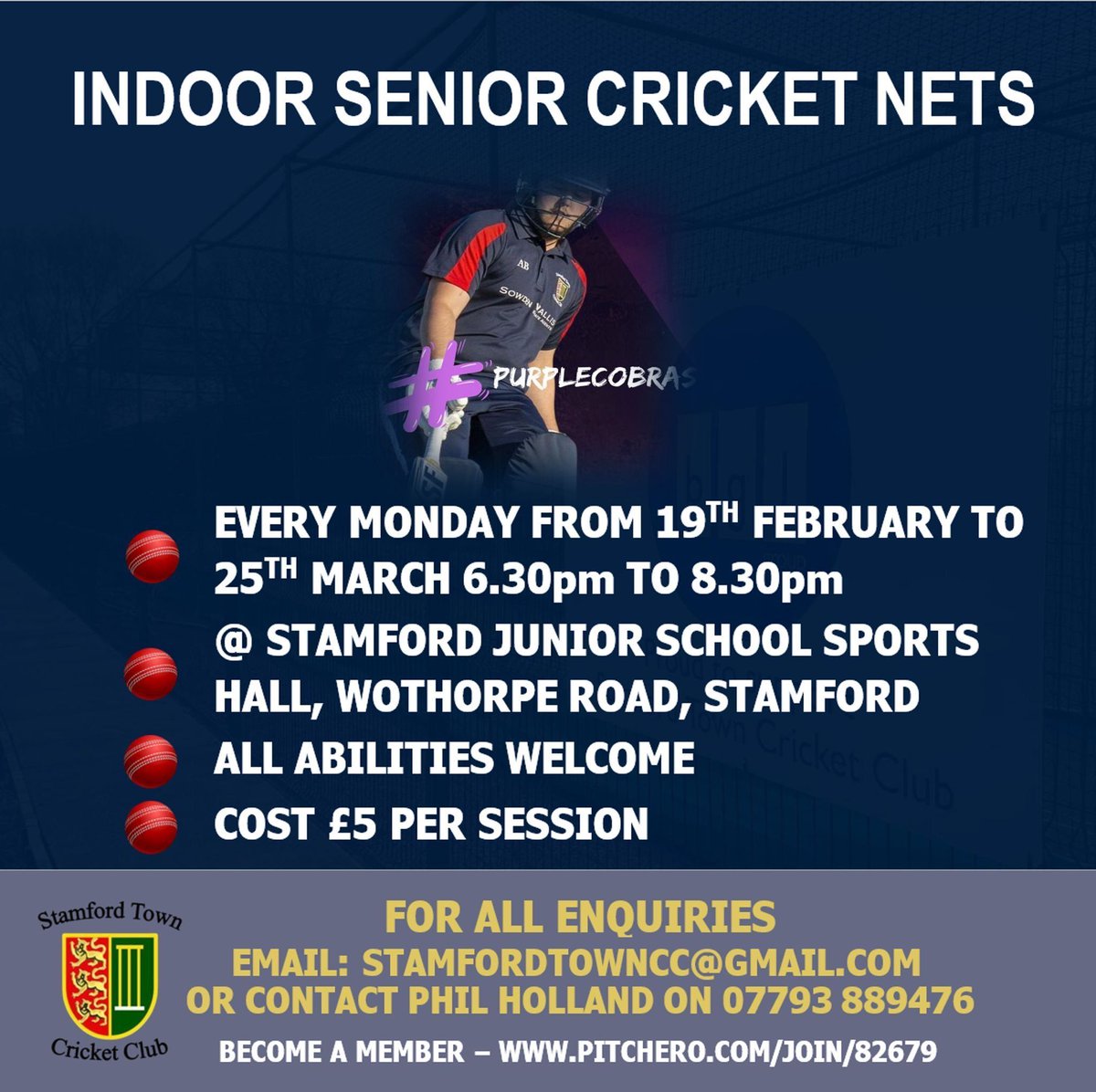 stamfordcricket's tweet photo. Senior Indoor nets start Monday 19 February. Details below 👇 https://t.co/NkKRR8wASR