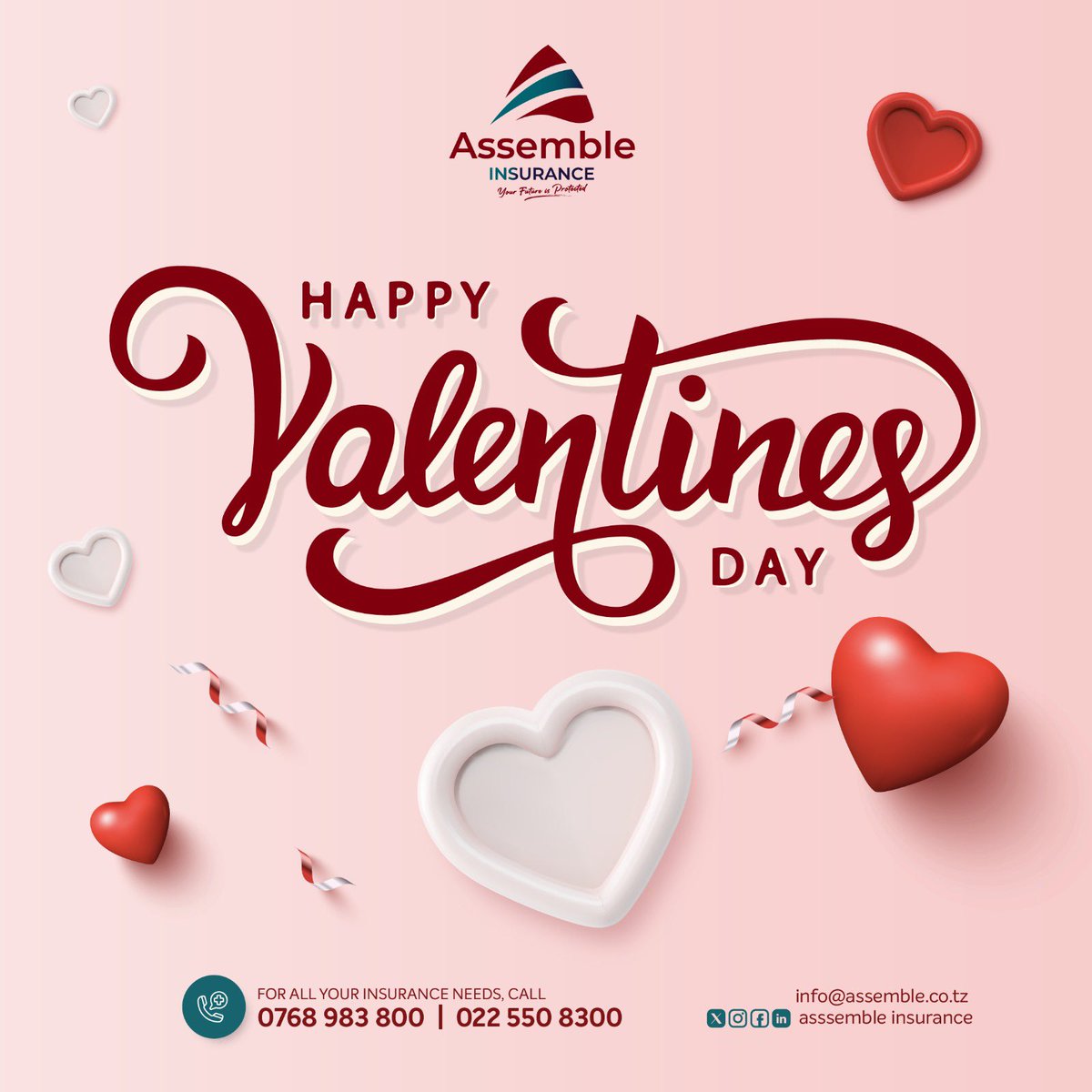 assembletz's tweet photo. This Valentine's Day we celebrate having you as our beloved customer. We continue to devote ourselves towards protecting your future, happy Valentine's!

#AssembleInsuranceTanzania #AssembleInsurance #Insurance #HappyValentines #ProtectingYourFuture https://t.co/vTrwIMdbcX