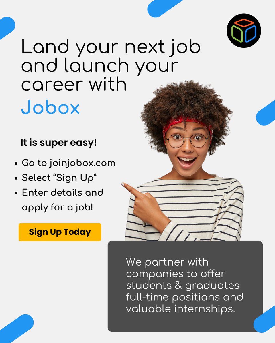 JoboxZA's tweet image. We are a platform that specialises in discovering young talents. We collaborate with various companies and more than 20 higher education institutions to provide Students &amp;amp; Graduates with job opportunities.

👇(1/3)