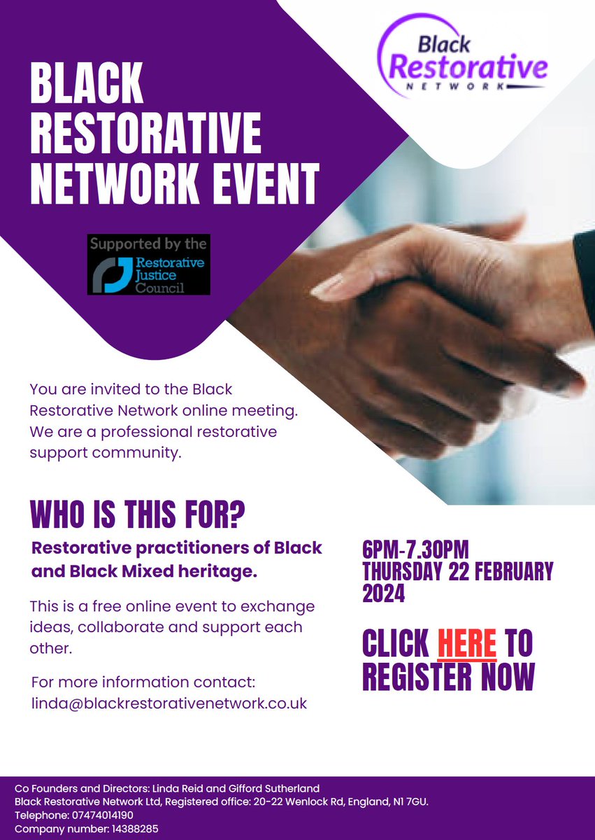 ☝🏾 The Black Restorative Network with the support of the Restorative Justice Council is hosting an online meeting next week to exchange ideas, collaborate, and offer support within a professional community. 👉🏽 restorativejustice.org.uk/civicrm/event/… 👉🏽 22 February 2024, from 7pm to 8:30pm CET.