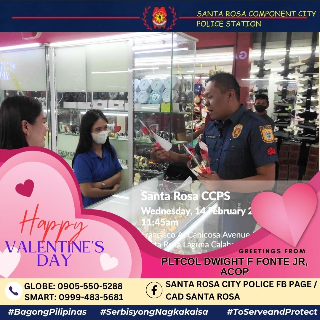 Starosa_Police's tweet photo. On February 14, 2024 at 11:37 AM personnel of Sta. Rosa CCPS together with PNPA CADETS conducted  giving of Flowers, and flyers distribution in relation to Anti Criminality Campaign (Anti Love Scam) of PNP at Brgy. Balibago Complex, Sta. Rosa City, Laguna. https://t.co/YE0seVANyR