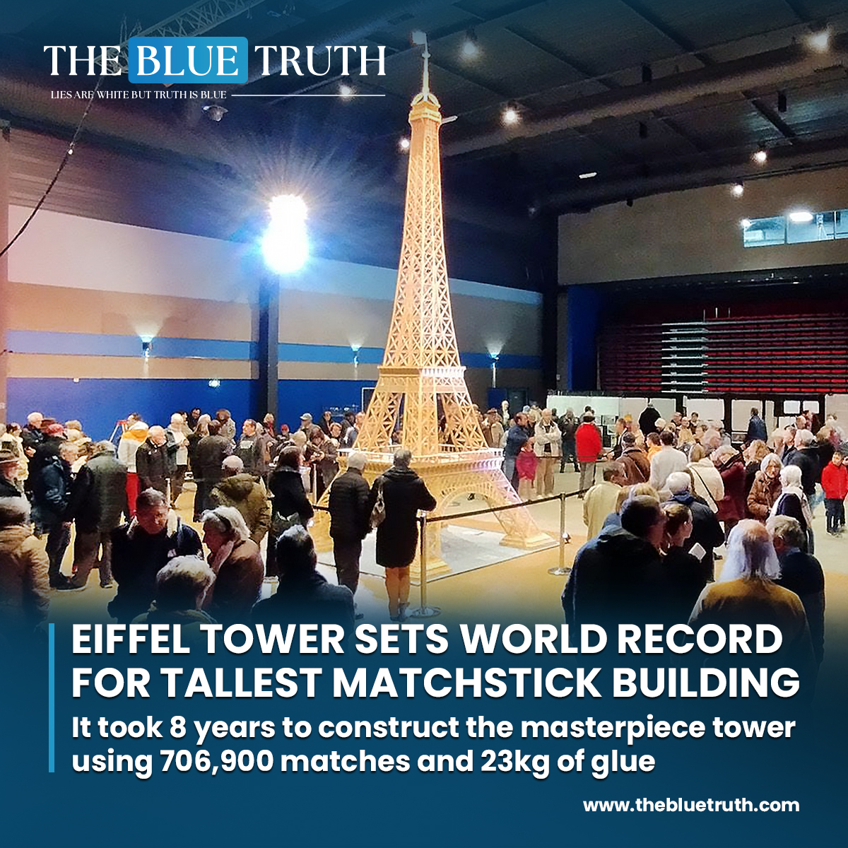 A 7.19-meter Eiffel Tower model made entirely of matchsticks has reclaimed its title as the world's tallest matchstick building.
#MatchstickArt #EiffelTowerModel #GuinnessWorldRecord #RecordBreakingCraft
#CreativeAchievement #WorldsTallestMatchstickBuilding #tbt #TheBlueTruth